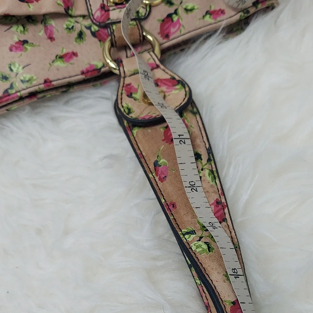 Betsey Johnson Beige Floral Tote with Pink Roses and Green Leaves